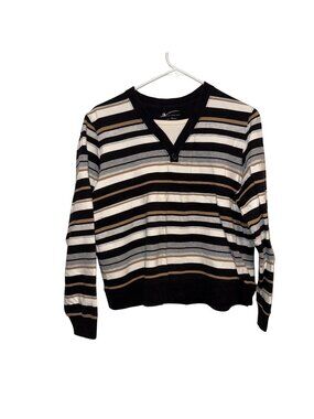 Studio Works Sport Striped Long Sleeve V-Neck Sweater Black Beige Gray White Siz